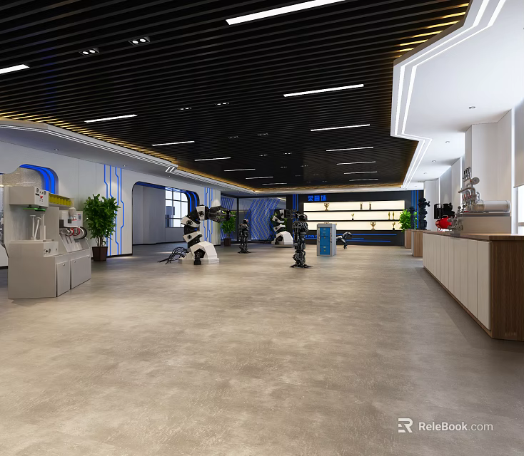 Modern Exhibition Hall Interior With Robots Display Equipment and Modern Ceiling Design 3d model 