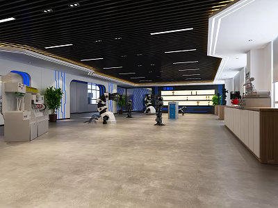 Modern Exhibition Hall Interior With Robots Display Equipment and Modern Ceiling Design 3d model