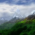 Scenic Garden Landscape Featuring Snow Capped Mountains Green Vegetation Clouds and Mist