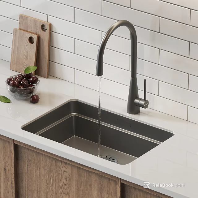 Kitchen Sink With Black Faucet Running Water Bowl Of Cherries And Wooden Cutting Board 3d model 