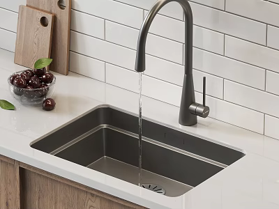 Kitchen Sink With Black Faucet Running Water Bowl Of Cherries And Wooden Cutting Board 3d model