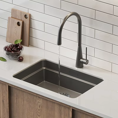 Kitchen Sink With Black Faucet Running Water Bowl Of Cherries And Wooden Cutting Board 3d model