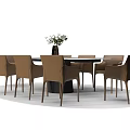 Modern Round Dining Table Set with Brown Chairs and Flower Vase 3d model