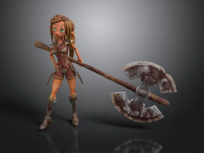 3D Female Warrior Character With Large Battle Axe And Leather Outfit 3d model