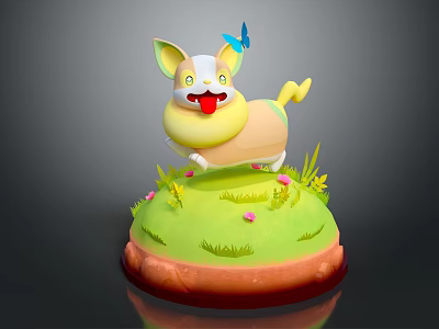 Cartoon Dog Figurine With Yellow And White Fur Blue Butterfly On Green Grass Orange Base 3d model