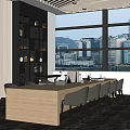 Modern Hotel Public Lounge With Large Windows City View Long Wooden Table And Grey Chairs