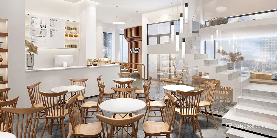 Cozy Dessert Shop Interior With Wooden Chairs Round Tables And Pastry Display Counter 3d model 