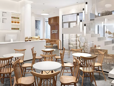 Cozy Dessert Shop Interior With Wooden Chairs Round Tables And Pastry Display Counter 3d model
