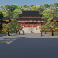 Traditional Chinese Ancient Architecture With Yellow Facade Classic Curved Roofs Courtyard And Stone Pavement