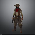 Western Themed Man Wearing Cowboy Hat Red Bandana Vest Leather Belt And Pistol Outfit