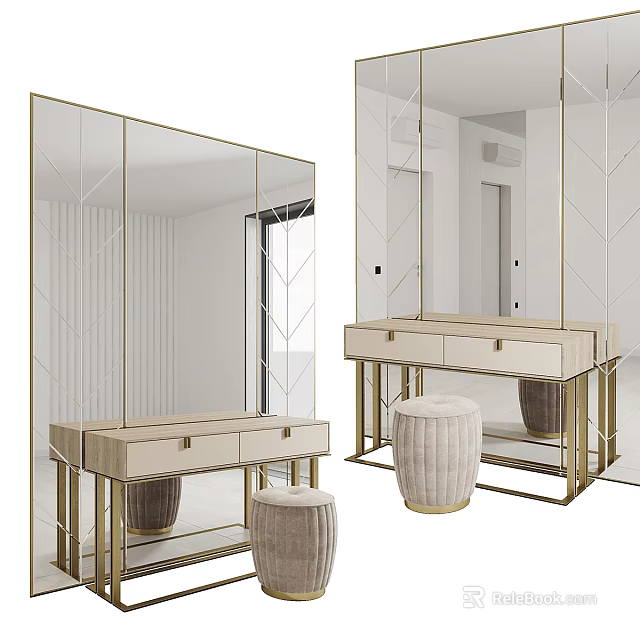 Modern Elegant Dressing Table With Gold Frame Mirror Drawers And Beige Upholstered Stool 3d model
