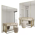 Modern Elegant Dressing Table With Gold Frame Mirror Drawers And Beige Upholstered Stool 3d model