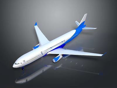 White And Blue Airplane Model With Reflective Surface On Gray Background 3d model