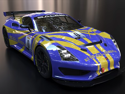 Blue And Yellow Striped Sporty Race Car With Aerodynamic Design And Racing Numbers 3d model
