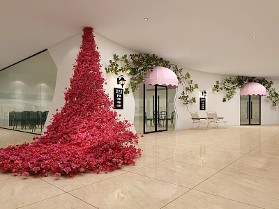 Modern Restaurant Interior With Red Floral Wall Pink Umbrellas And Open Seating Area 3d model