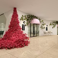 Modern Restaurant Interior With Red Floral Wall Pink Umbrellas And Open Seating Area