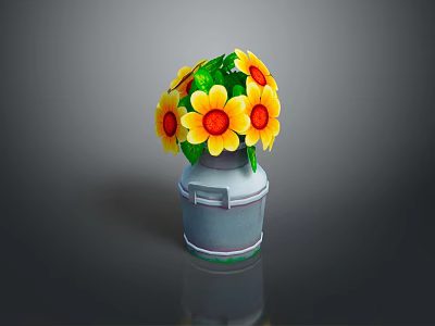 Artistic Sculpture Carving of Sunflowers in Gray Metal Bucket with Green Leaves 3d model