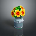 Artistic Sculpture Carving of Sunflowers in Gray Metal Bucket with Green Leaves