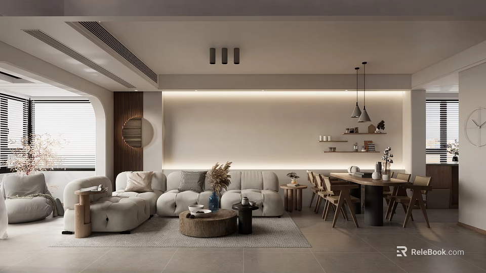 Modern Living Dining Room Interior With Cozy Sofa Coffee Table And Dining Chairs 3d model 