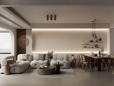 Modern Living Dining Room Interior With Cozy Sofa Coffee Table And Dining Chairs 3d model
