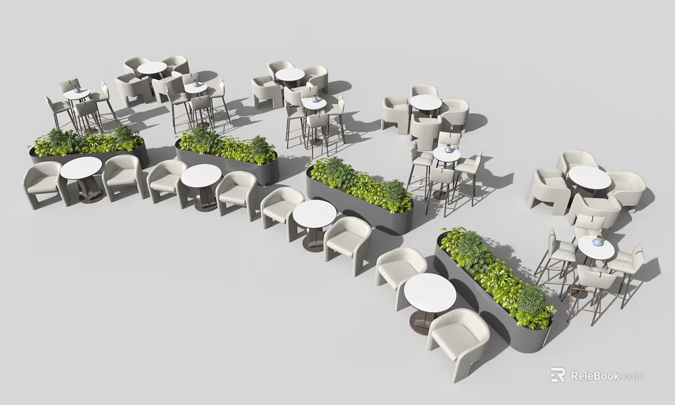 Round Table and White Chair Set with Green Plant Dividers in Neat Arrangement 3d model 