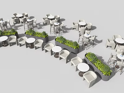 Round Table and White Chair Set with Green Plant Dividers in Neat Arrangement 3d model