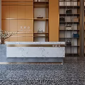 Modern Luxury Retail Store Lobby With Front Desk Sofa Chandelier Green Plant And Marble Floor