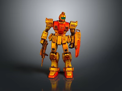 Yellow And Red Mech Robot Warrior Action Figure Holding Gun And Shield 3d model