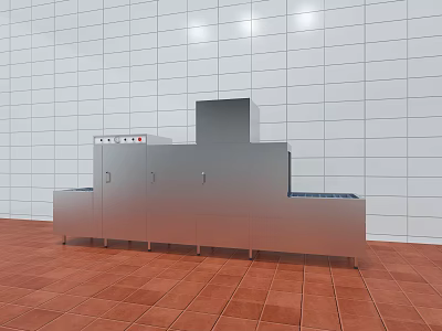 Stainless Steel Commercial Kitchen Appliance With White Tiled Wall And Red Floor Tiles 3d model