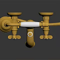 Golden Vintage Bathroom Faucet With Handheld Shower And White Handles Curved Hose Polished Finish