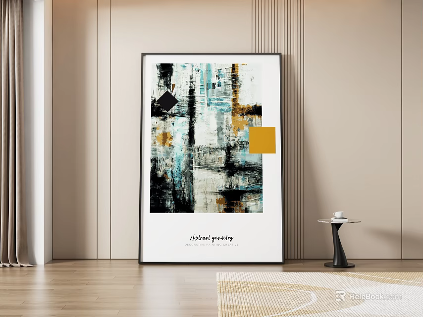 Modern Abstract Painting With Blue Gold Black Geometric Textured Design For Interior Wall Decor 3d model 