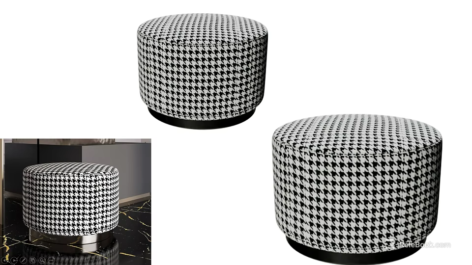 Upholstered Round Stools in Black and White Houndstooth with Modern Metal Base 3d model 