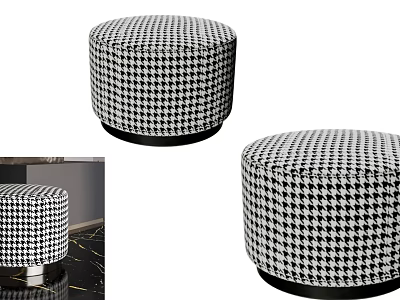 Upholstered Round Stools in Black and White Houndstooth with Modern Metal Base 3d model