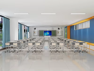 School Modern Classroom With Spacious Desks Chairs Digital Smartboard Windows And Blue Walls 3d model