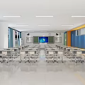 School Modern Classroom With Spacious Desks Chairs Digital Smartboard Windows And Blue Walls