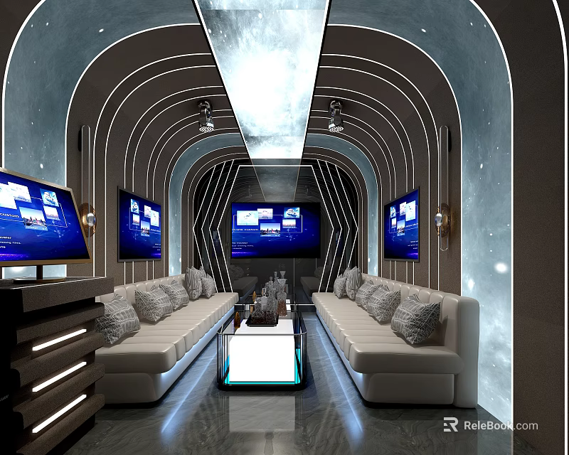 Modern KTV Interior With Comfortable Sofas Multiple TV Screens And Ambient Lighting 3d model