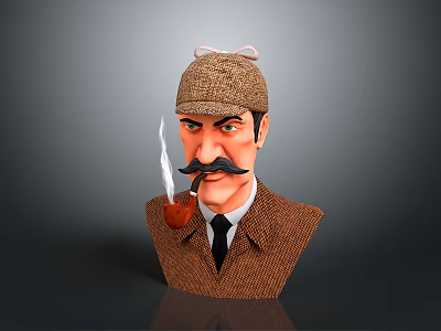 Vintage Man With Deerstalker Hat Mustache Smoking Pipe And Bust Sculpture 3d model