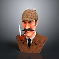 Vintage Man With Deerstalker Hat Mustache Smoking Pipe And Bust Sculpture