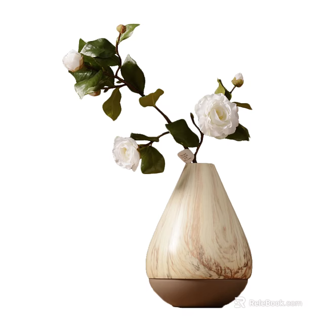 Bonsai Plant With White Flowers And Green Leaves In Wood Grain Vase For Indoor Decor 3d model 