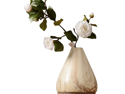 Bonsai Plant With White Flowers And Green Leaves In Wood Grain Vase For Indoor Decor 3d model