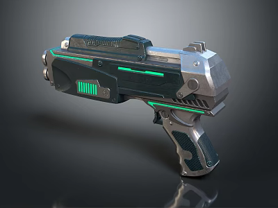 Futuristic Sci Fi Pistol With Green Glowing Lines Metallic Body And Ergonomic Grip Design 3d model