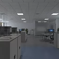 Public Office Space With White Ceiling Recessed Lighting Computer Workstations Green Plants And Blue Flooring 3d model