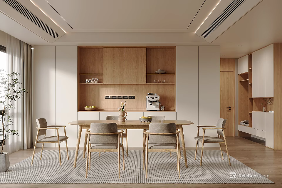Modern Restaurant Open Interior With Wooden Cabinets Dining Table And Chairs 3d model