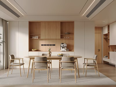 Modern Restaurant Open Interior With Wooden Cabinets Dining Table And Chairs 3d model