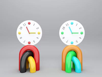 Two White Dial Clocks With Numbers Colored Hands And Colorful Arch Bases 3d model