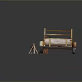 Outdoor Wooden Trailer Scene With Grill Grass Stones And Wheel