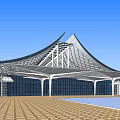 Modern Architectural Building with Streamlined Metal Roof Design Glass Facade and Spacious Front Plaza
