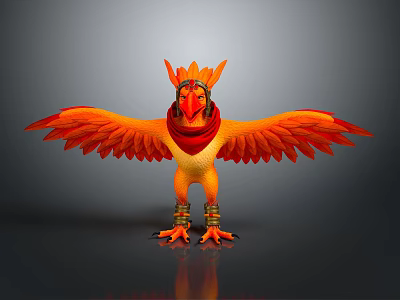 Orange Feathered Mythical Bird With Spread Wings Wearing Red Scarf And Golden Anklets 3d model