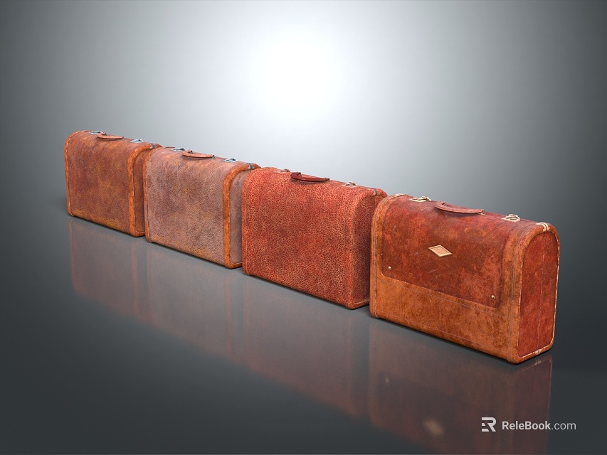 Vintage Brown Leather Suitcases Arranged in Row With Worn Texture and Gray Reflective Surface 3d model 