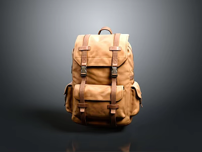 Brown Canvas Backpack With Leather Straps And Multiple Pockets For Daily Use 3d model